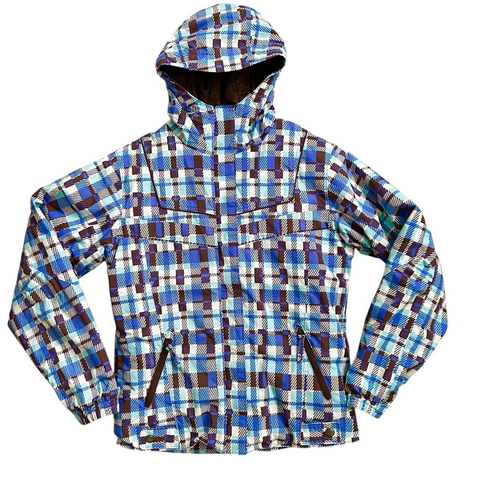 Columbia Snow Ski Waterproof Periwinkle Blue Brown Plaid Jacket Hood Size 14/16